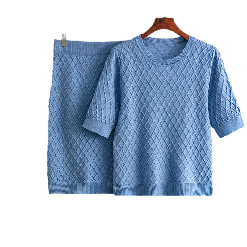Dameskleding dames zomer effen kleur pak rok 2024 nieuwe ronde hals top gebreide tweedelige rok_voghion.com
