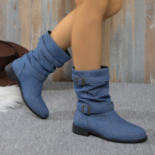 Cross-Border Large Size Buckle Denim Buckle Fashion Boots 2024 Autumn and Winter New Square Heel Round Toe Outing Women's Boots Temu
