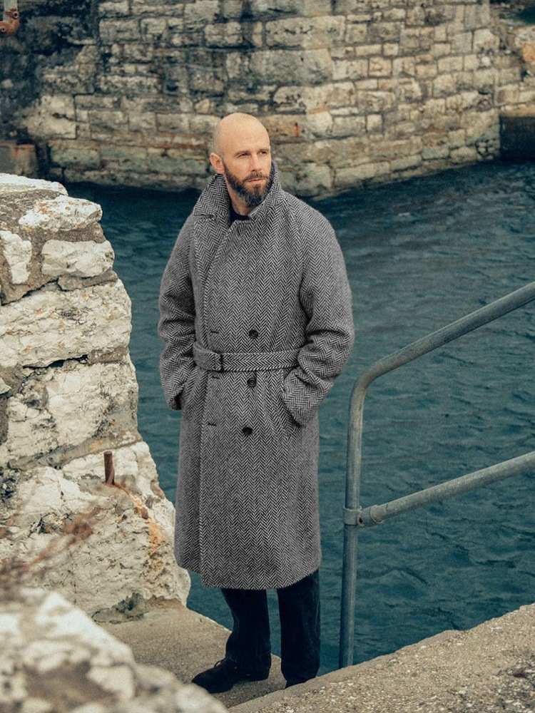 2024 European size cross-border autumn and winter new men's mid-length wool plaid double-breasted cotton padded coat for men