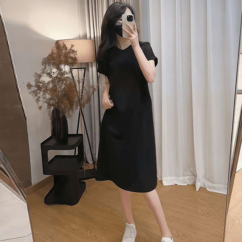 韩版时尚简约气质休闲开叉连衣裙女2025夏季百搭宽松中长款连衣裙|undefined