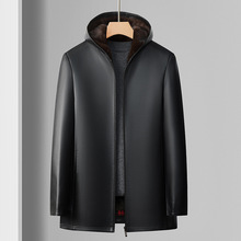 秋冬高品质连帽生态皮夹克男加绒加厚皮毛一体男士连帽中长款皮衣