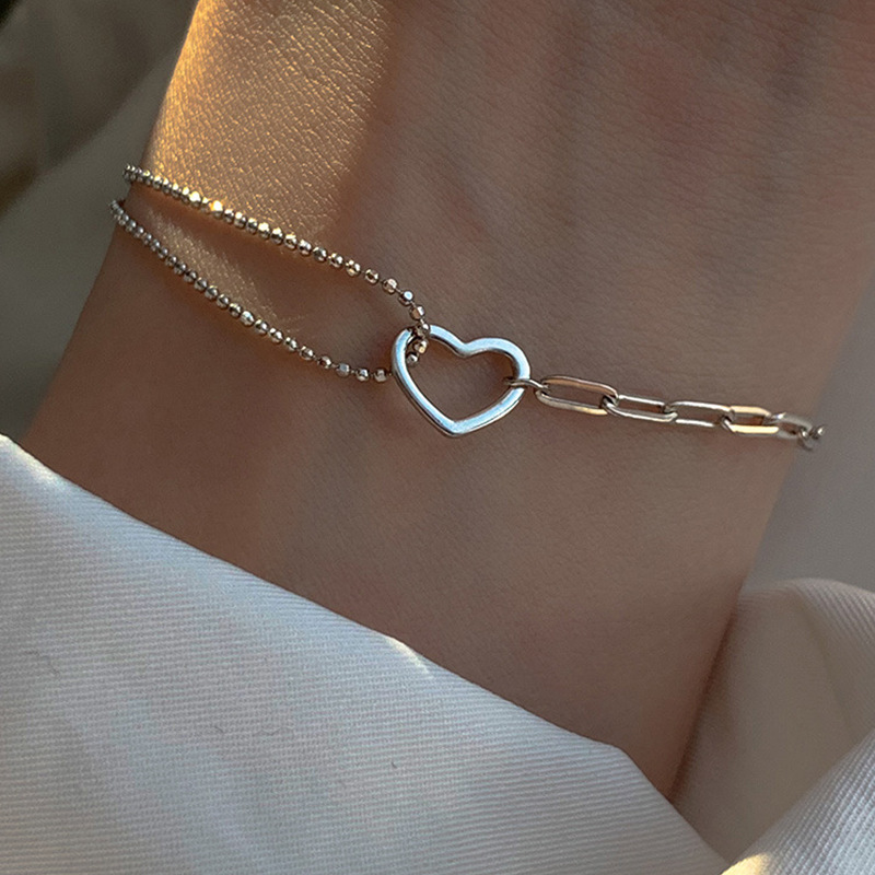 Cold Style Cut Out Asymmetrical Heart Bracelet for Women K-Style Simple Fashion Creative Double-Layer Splicing Chain Bracelet