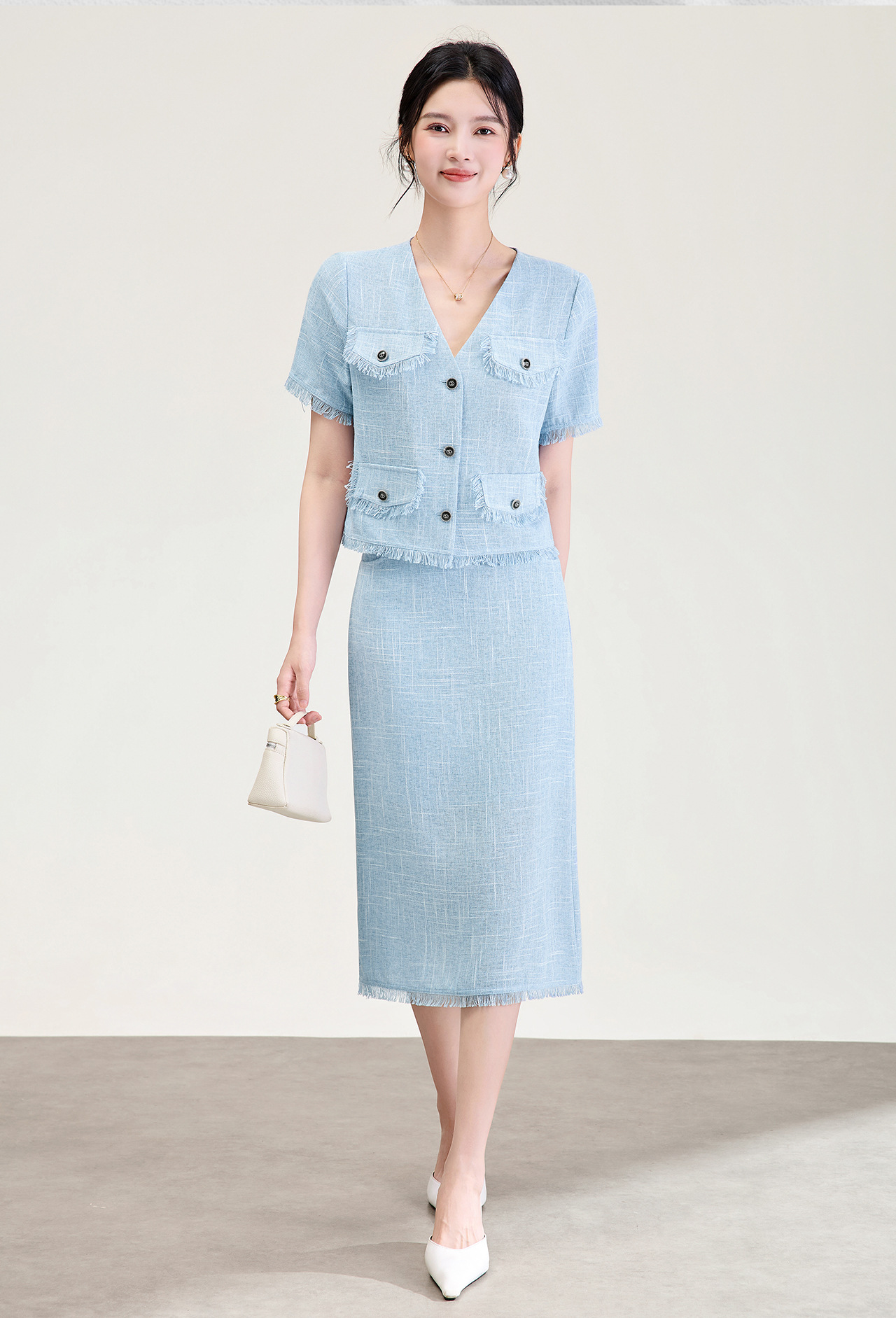 Bộ hai mảnh áo tay ngắn kiểu Chanel + chân váy midi cao cấp nữ mùa hè — xanh lam chi tiết 2