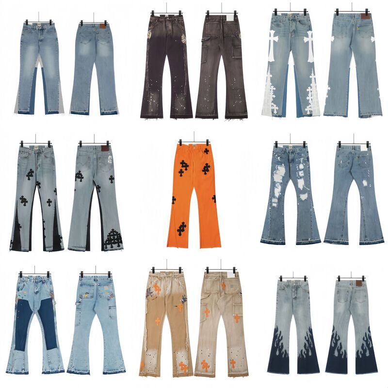 In-Stock Trendy Brand Pants Limited Edition Flame Cross Embroidery Straight-Leg Vintage Washed Celebrity Style Jeans for Men and Women