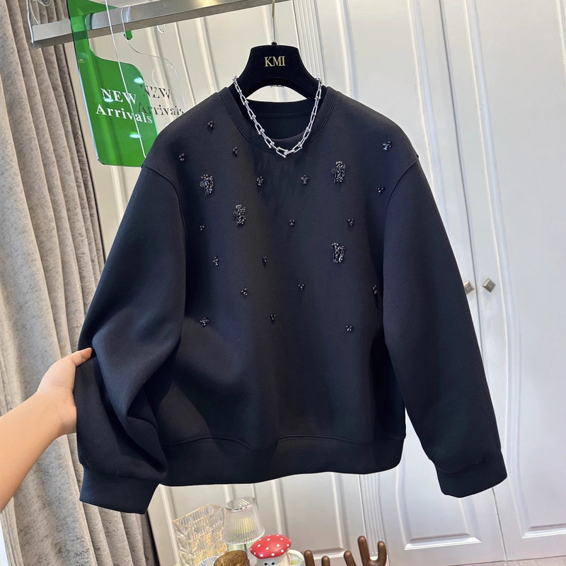 Extra Large Size 150kg Designer Niche Black Round Neck Heavy Beaded Sweatshirt Women's Loose Fashion Autumn Top