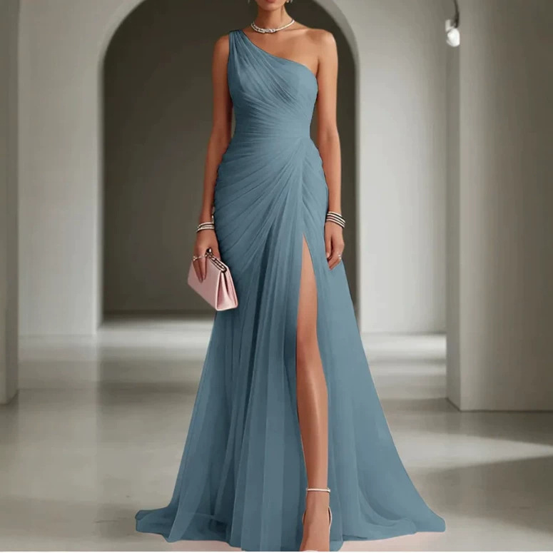 Cross-border long evening dress in European and American style, 2026 summer fashion, sexy and elegant one-shoulder slit party dress Cross-border long evening dress in European and American style, 2026 summer fashion, sexy and elegant one-shoulder slit party dress