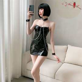 情趣内衣性感女王制服镂空漆皮床上调教SM手铐链条裹胸包臀超短裙