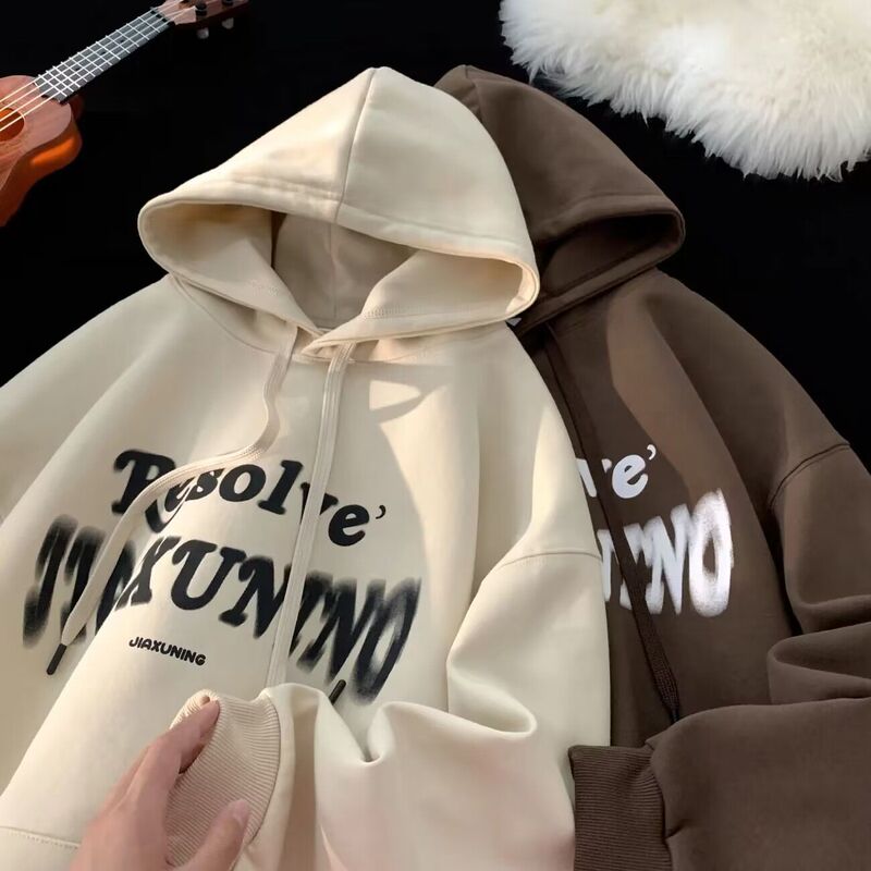 Trendy European and American Style Fuzzy Letter Hooded Sweatshirt Couple Outfit Ins Casual Stylish Autumn and Winter Jacket for Women