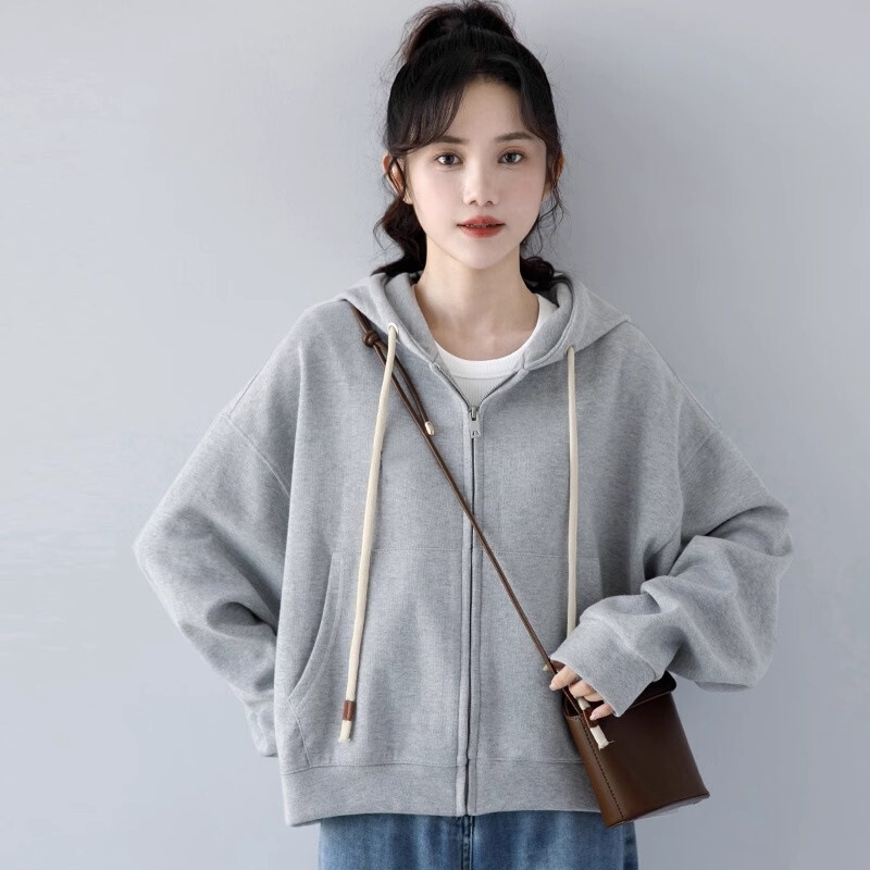藏蓝色加绒加厚短款卫衣外套女秋冬2025新款美式开衫外套上衣7317|undefined