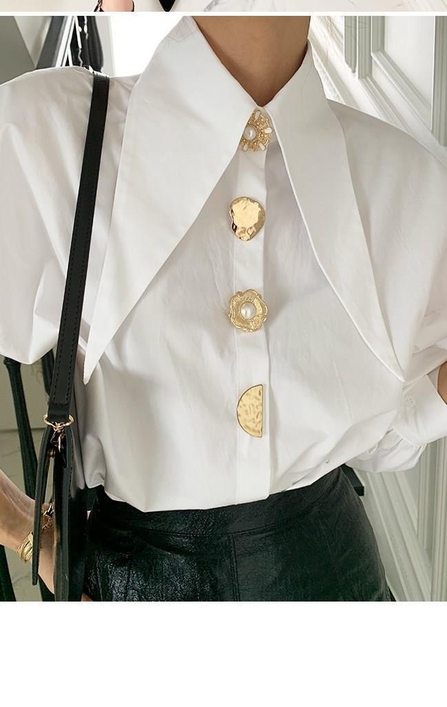 Pointed Collar Blouse for Women White Shirt with Abstract Print Office-to-Date A-Line Top Single Button Closure XS-3XL_voghion.com