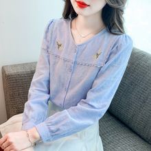 刺绣v领纯棉衬衫女洋气全棉2025春季新款女装长袖提花泡泡袖上衣