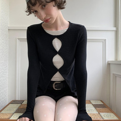 韩系设计感镂空假两件长袖t恤女2025秋季波点打底衫内搭修身上衣