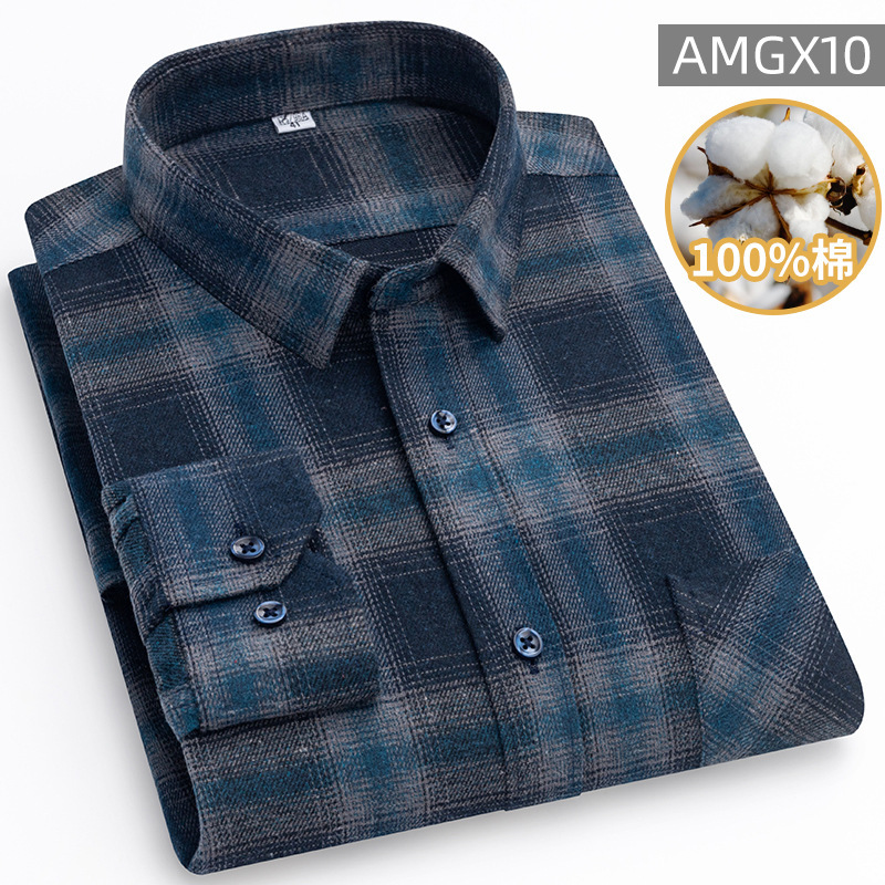 New cotton long-sleeved plaid shirt men's middle-aged and elderly dad wear plus size brushed cotton shirt straight loose