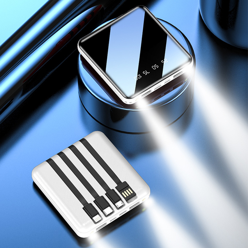 10000 mAh con cable de carga rápida de cuatro líneas de alta capacidad al aire libre ligera y portátil mini fuente de alimentación portátil lámpara LED