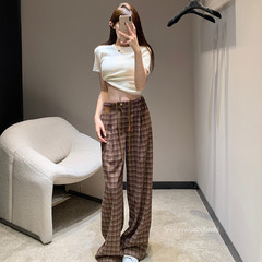 格纹撞色抽绳松紧腰休闲裤女 复古老钱风显瘦百搭直筒长裤ZK63165