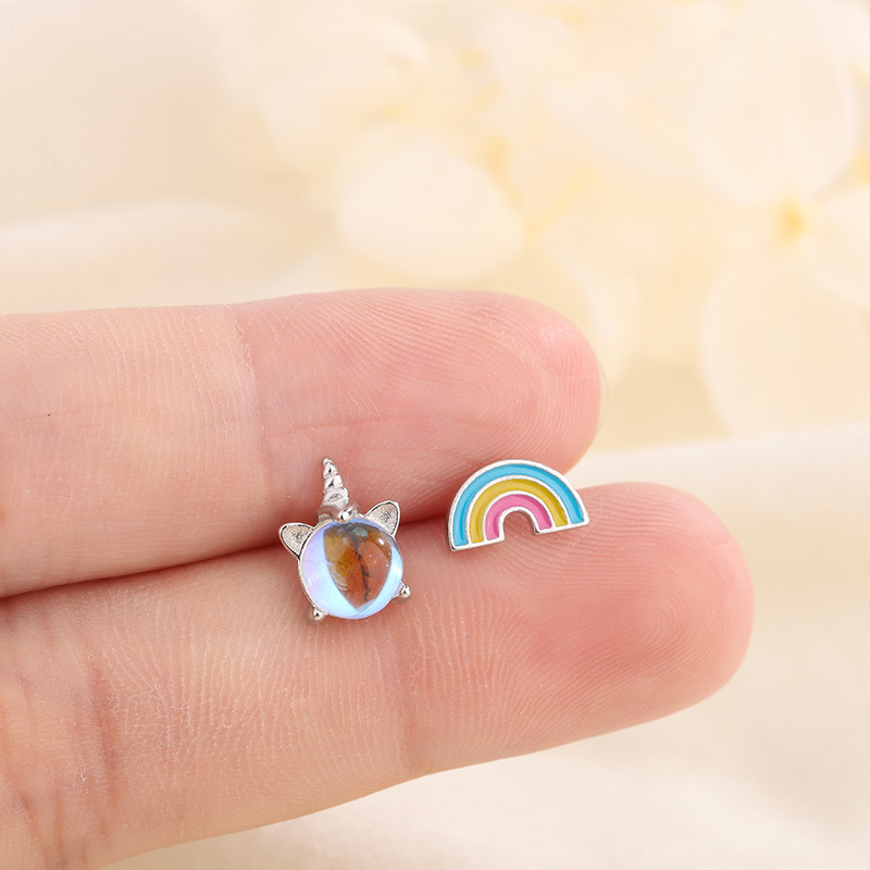 S925耳釘彩虹獨角獸耳釘不對稱小眾設計月光石夏季耳飾品女
