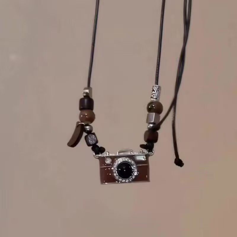 "memory film" retro brown film camera necklace autumn and winter new long drop glaze adjustable sweater chain