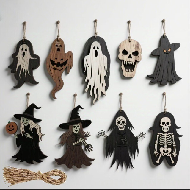 Halloween Ghost Ornaments万圣节木质幽灵蝙蝠蜘蛛节日装饰挂件|undefined