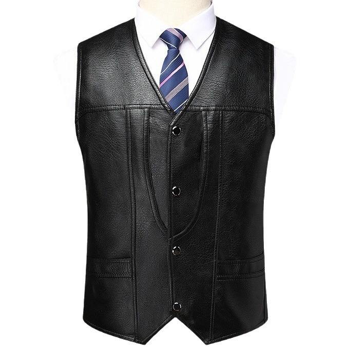 Monochrome Man- Spring And Autumn Cardigan Fashion Urban V-Neck PU Leather Vest Men's Tank Top_voghion.com