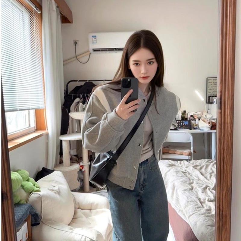 灰色棒球服外套女秋冬2025新款小个子宽松夹克复合短款外穿上衣女|undefined