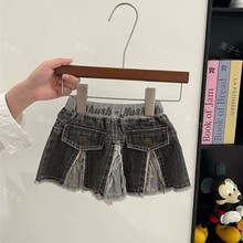 日系童装中古儿童拼接牛仔短裙英文印花腰带百褶裙