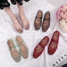 新款女士单鞋百搭女鞋时尚外穿塑料编织平底镂空搭扣圆头果冻凉鞋