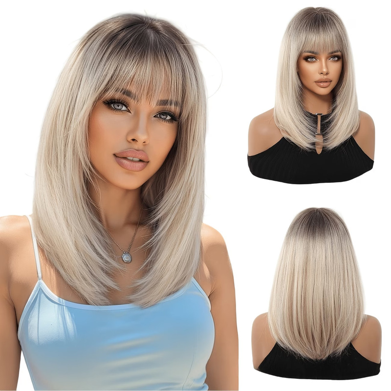 Wig with Gradient Blonde Roots Dyed Black, High-Layered Long Straight Hair, Full Head Wig for Women, Hot-Selling Wigs, Full Head Wig for Women