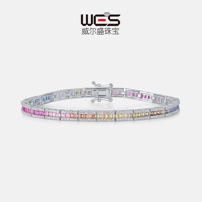 Nuevo estilo transfronterizo de lujo ligero de una sola fila de color brillante pulsera de circonio femenino S925 con incrustaciones de plata colorida joyería del tesoro de color arco iris estilo europeo y americano