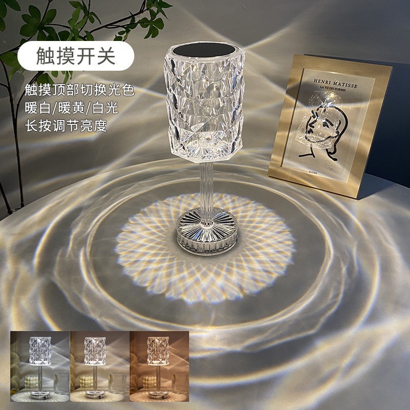 跨境水晶灯卧室充电床头灯玫瑰台灯高级感小夜灯桌面浪漫氛围灯|undefined