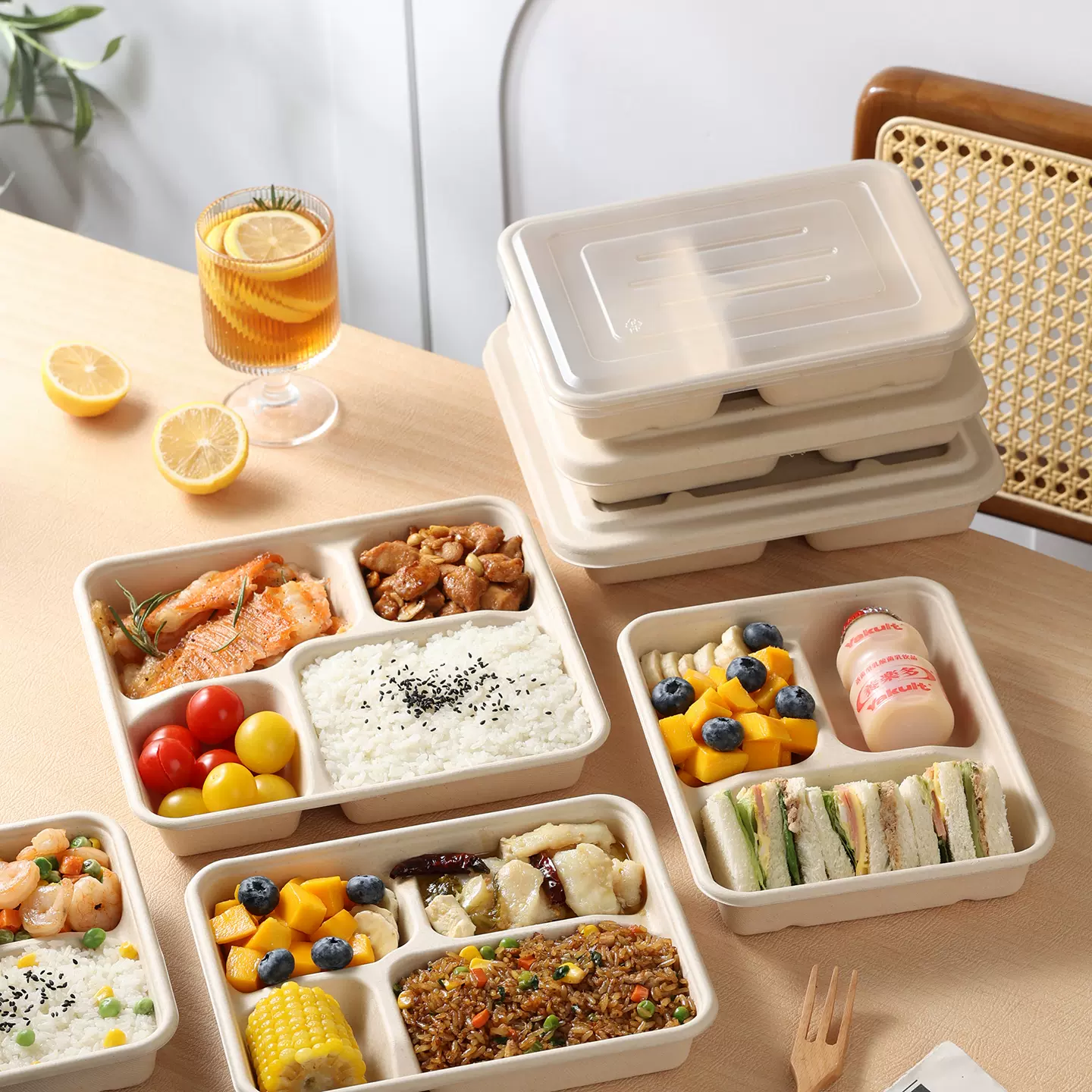 可降解餐盒一次性饭碗外卖单双格打包盒透明盖轻食沙拉便当饭盒