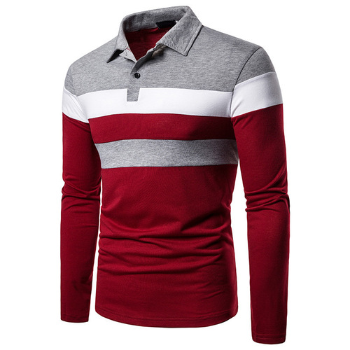 Men's Double-Color Patchwork Top with Lapel, Long-Sleeved Men's Polo Shirt in Spring and Autumn, Trendy British Style