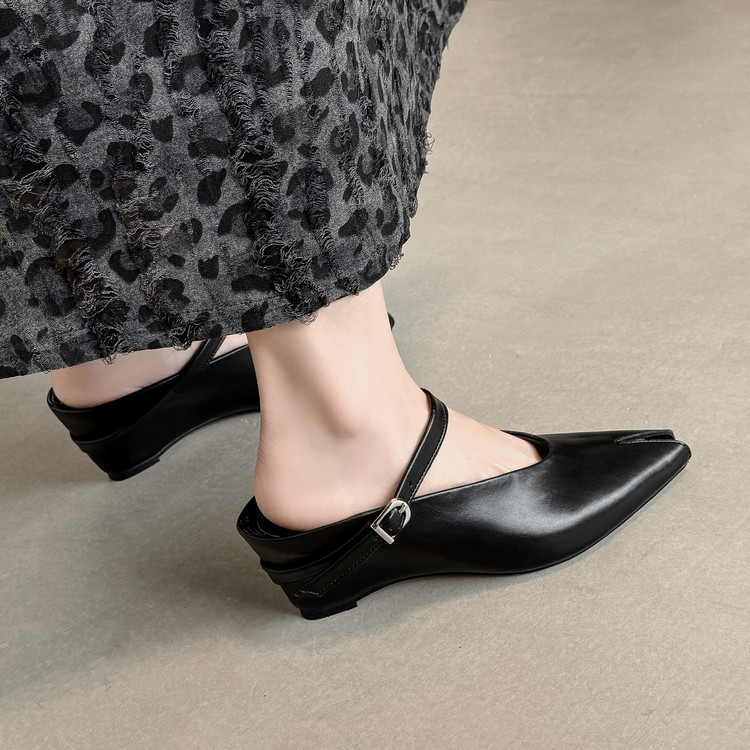 Sandal nữ hở mũi gót nêm cao da bò tăng chiều cao quai ngang — màu đen, màu trắng, màu mơ chi tiết 115