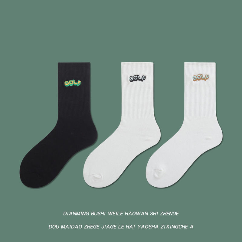 GOLF letter embroidered cotton socks black and white European and American style street men and women couple mid-length sports socks ins fashion
