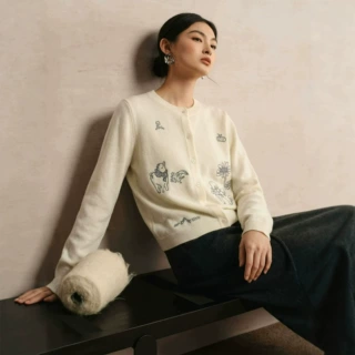 原创手绘风小动物刺绣圆领开衫毛衣外套女100%绵羊毛可爱型针织衫