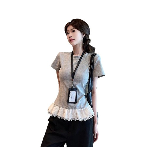 Gentle Sweet Girl Style Design Lace Splicing Short-Sleeve T-Shirt for Women 2025 Summer Fitted Slimming Student Top Trendy