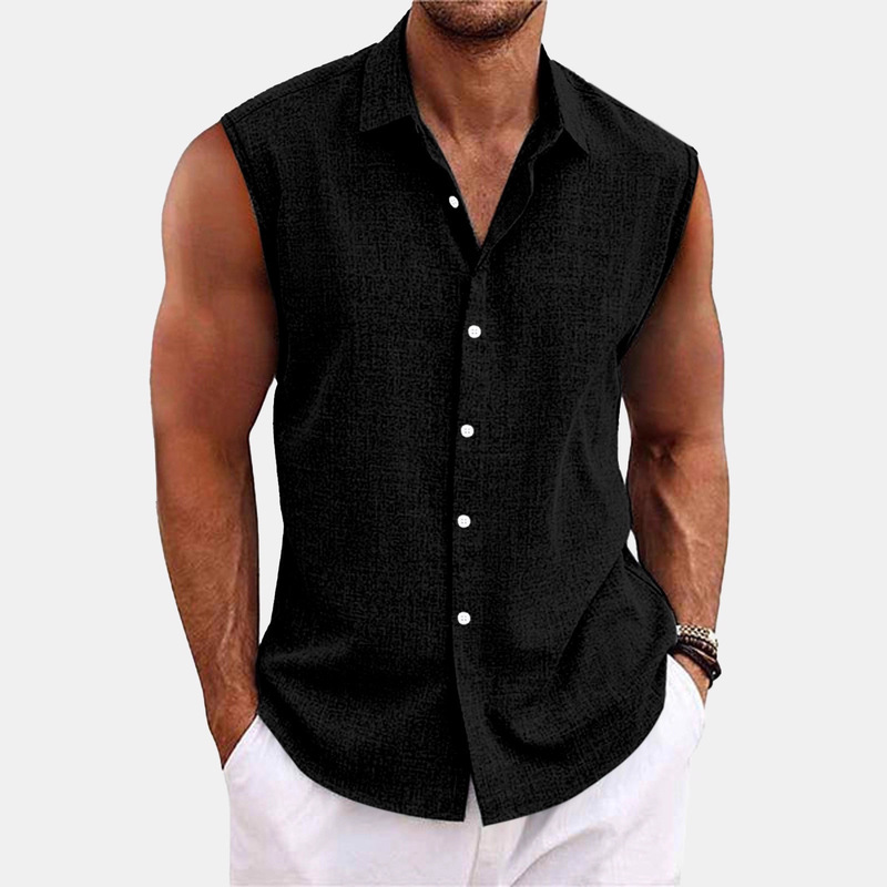 2025 Hawaiian Sleeveless Shirt Independent Station Popular Lapel Cotton and Linen Men's Casual Beach Short-Sleeved Shirt