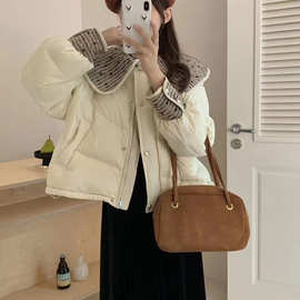 韩版小香风娃娃领羽绒服短款红冬季新款小个子白鸭绒外套雪尼尔