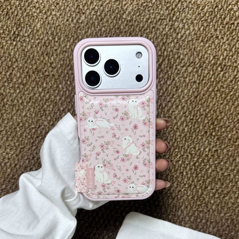 Ins Crushed Flower Cat Suitable for Apple 17Promax Mobile Phone Case Ip16/15Plus Drum Bag Leather Pattern 14 Female 13