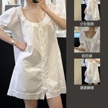 少女甜美花边短袖睡衣女夏季新款白色大码睡裙家居服连衣裙可外穿