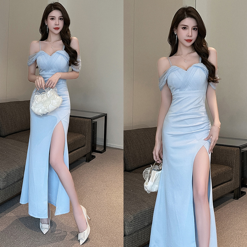 Sexy Off-Shoulder Waist-Cinching Celebrity-Style Bodycon Slit Gown Long Dress