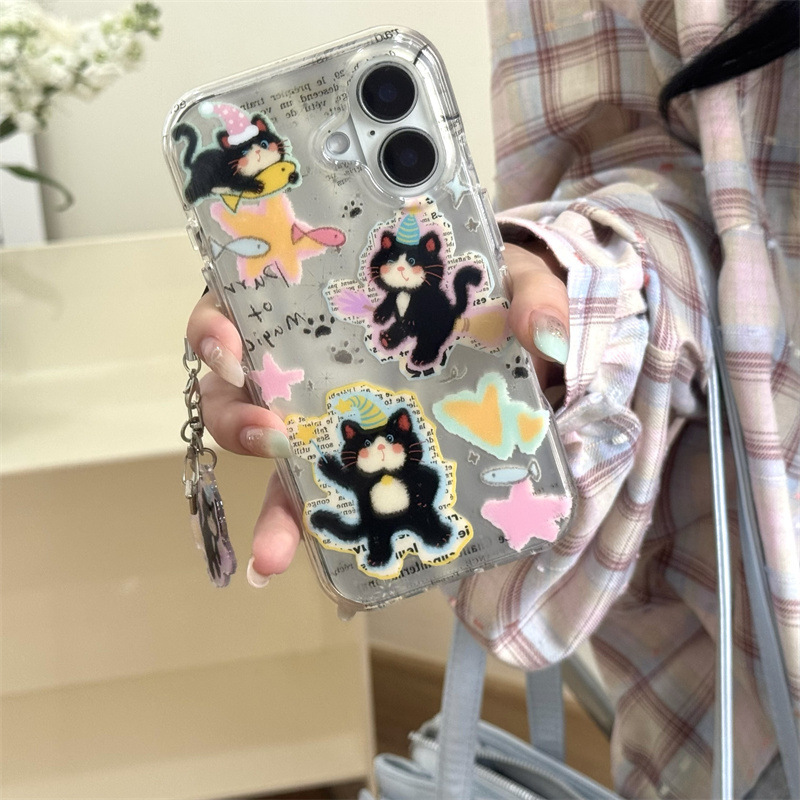 个性涂鸦英文睡帽黑猫咪适用iPhone16苹果15ProMax手机壳14新款女|undefined