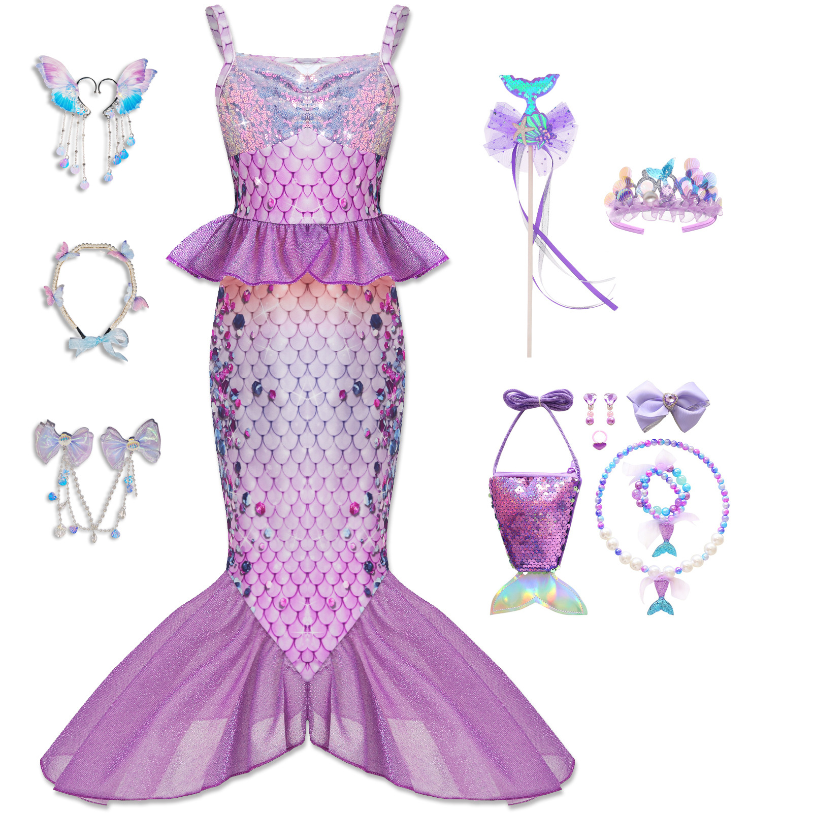 Girls Halloween Mermaid dress Children's Western Style Sequin Sleeveless Princess Dress Fishtail Long Dress Baby Performance