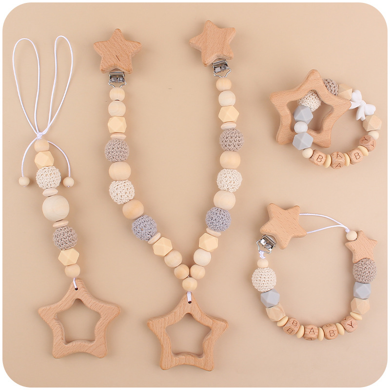 Bebé de dibujos animados de haya estrella mordedor juguete creativo DIY silicona chupete cadena pulsera coche colgando conjunto de cuatro piezas