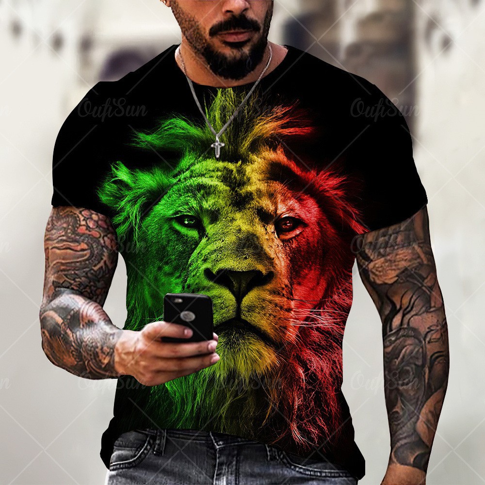 Arte abstracto pintura al óleo colorida león 3d impresión digital para hombres moda callejera transpirable suelta camiseta de manga corta