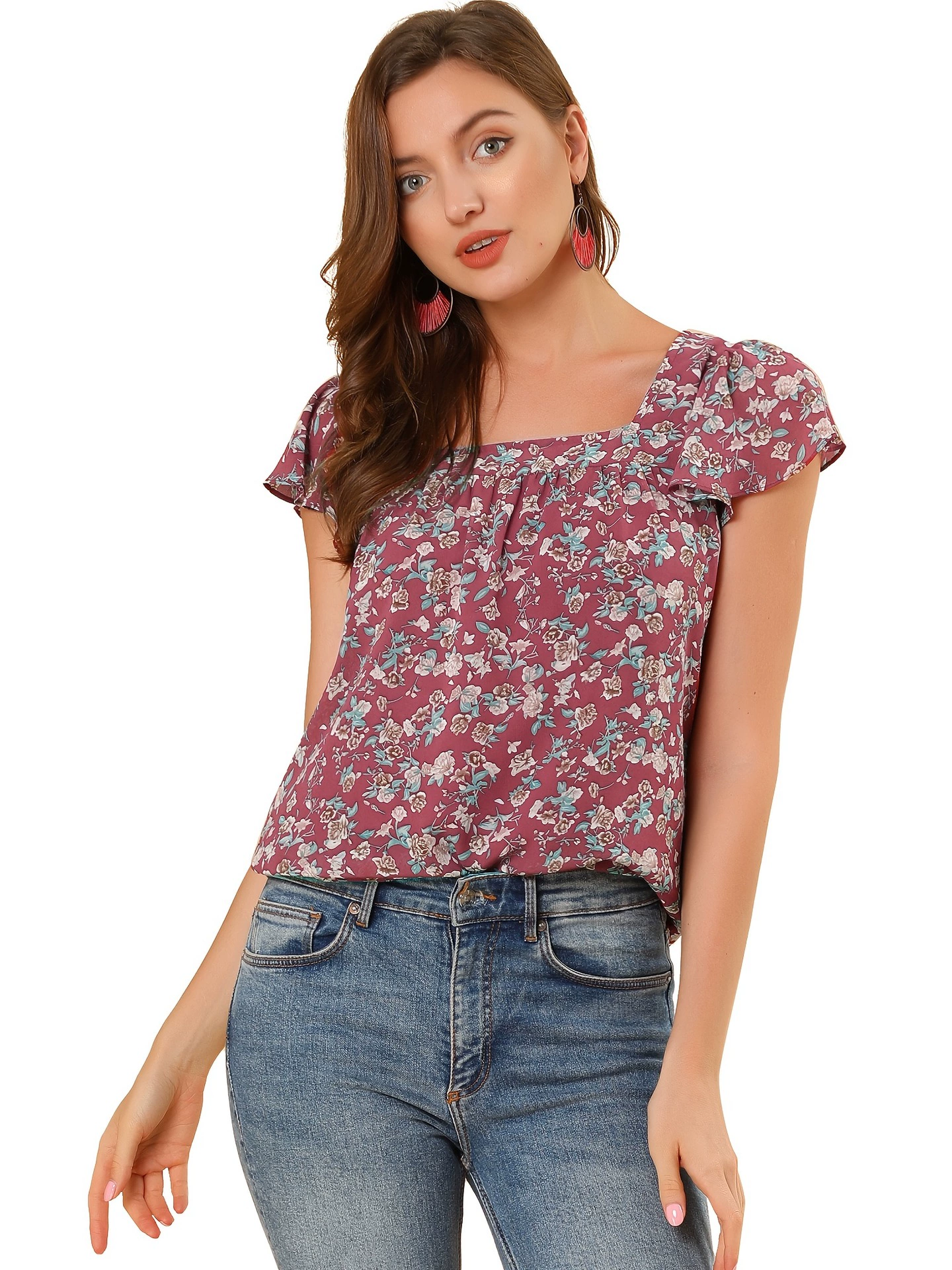 2025 трансграничные новые европейские и американские женские топы с цветочным принтом 2024 летние повседневные шифоновые рубашки с квадратным вырезом