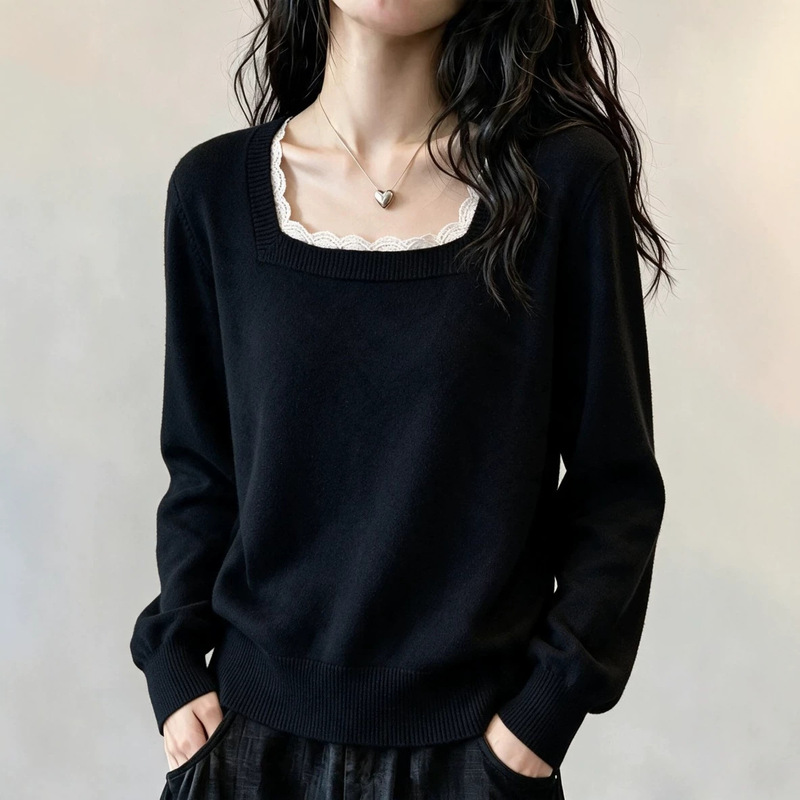 Autumn plus-size women's lace-trimmed square-neck knit top, slimming and loose-fitting, Korean-style fashionable top