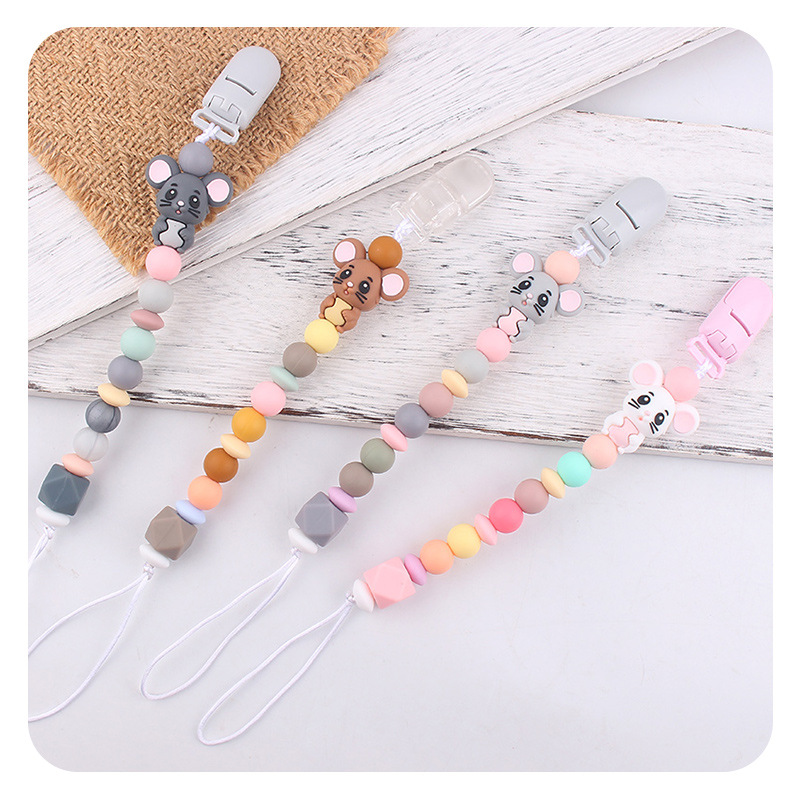 Nuevos artículos para bebés y niños animados animales ratón pezón cadena para calmar bebés cuentas de silicona morder molares cadena anti-caída