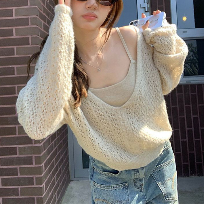 V-Neck Long Wool Mohair Hollow Top Women's New Autumn Cable Knit Cover-Up Camisole Two-Piece Set Fashion Versatile