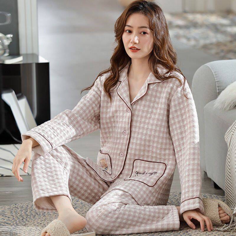 Algodón de aire de mujer engrosado otoño-invierno pijama intercalado invierno se puede usar ropa doméstica caliente de gran tamaño para mujeres