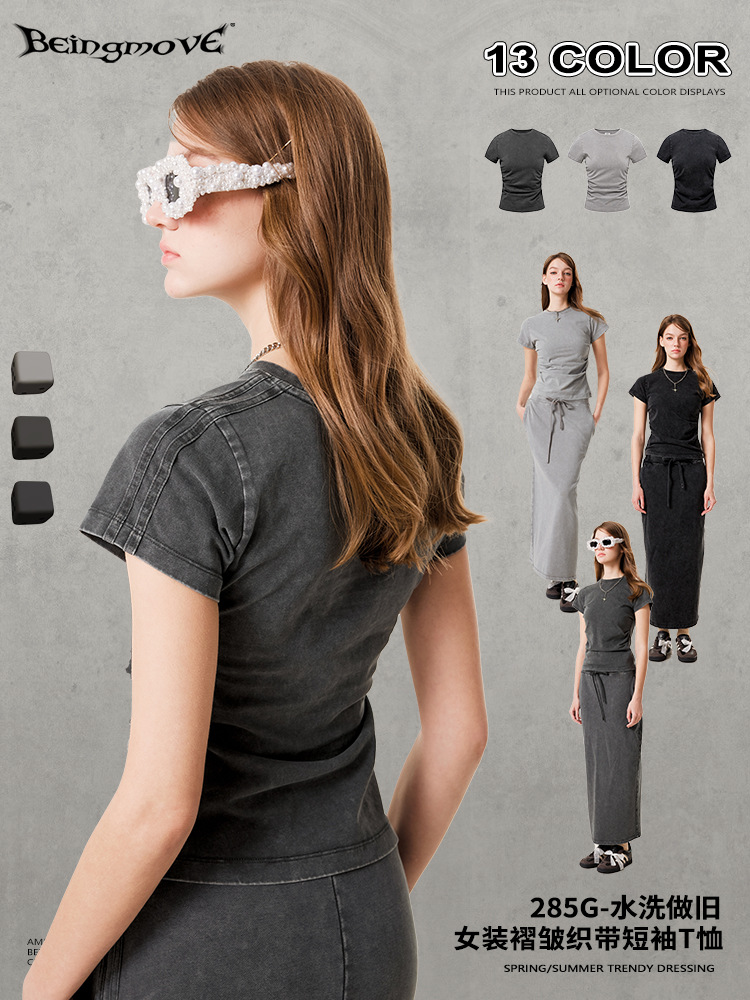 2025 verano retro americano inns delgado corto blusa apertada sexy girly cintura doblada camiseta de cuello redondo mujer